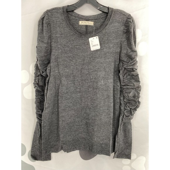 35 M Free People NWT Natasha Tee Raw Neck Ruched Sleeve Slub Jersey Knit Black M - Picture 3 of 10